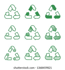 Set of recycling signs. Icons with flat style with dotted texture. Ecology, environmental protection. Vector illustration.