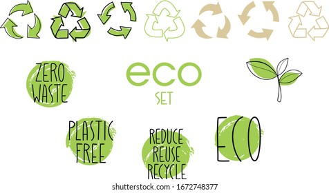 Set of recycling signs in simple hand-drawn manner with flat color plus ecology emblems: Zero waste, Plastic free, Reduce reuse recycle, Eco and green leaves icon. Environment protection symbols