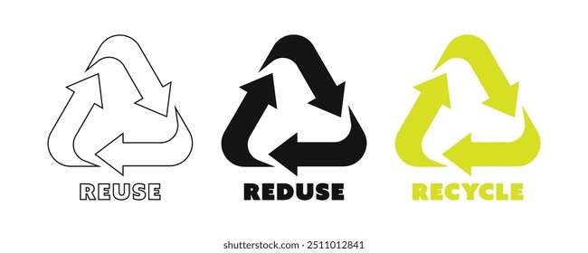 Conjunto de símbolo de reciclagem com três setas em forma de triângulo. Concepção de reduzir, reutilizar e reciclar para estilo de vida sem desperdício. Slogan de economia de ambiente. Ilustração vetorial.