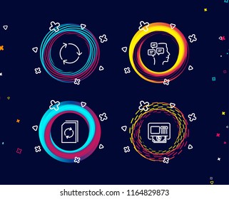 Set of Recycling, Update document and Messages icons. Atm sign. Reduce waste, Refresh file, Notifications. Money withdraw.  Circle banners with line icons. Gradient colors shapes. Vector