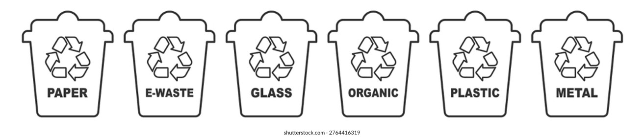 Set of recycling waste bins icon for paper, e-waste, glass, organic, plastic, and metal on transparent background