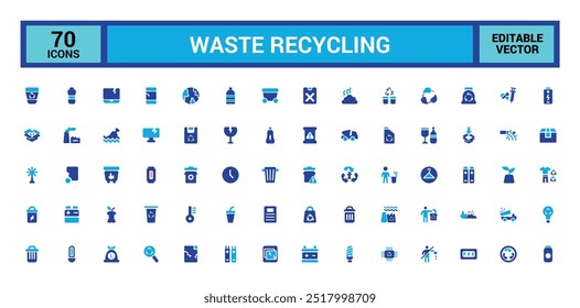 Set of recycling waste colorful solid icons. Garbage disposal. Trash separation, color filled icon set, Glyph icon set for web and ui. Editable stroke.