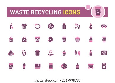Set of recycling waste colorful solid icons. Garbage disposal. Trash separation, color filled icon set, Glyph icon set for web and ui. Editable stroke.