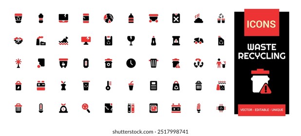 Set of recycling waste colorful solid icons. Garbage disposal. Trash separation, color filled icon set, Glyph icon set for web and ui. Editable stroke.