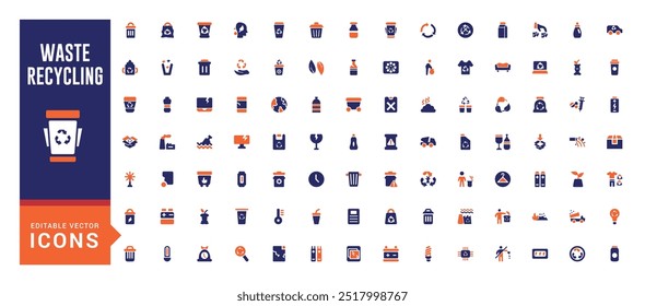 Set of recycling waste colorful solid icons. Garbage disposal. Trash separation, color filled icon set, Glyph icon set for web and ui. Editable stroke.
