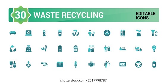 Conjunto de iconos sólidos coloridos de residuos de reciclaje. Trituradora de basura. Separación de la papelera, conjunto de iconos rellenos de color, conjunto de iconos de glifos para Web y ui. Trazo editable.