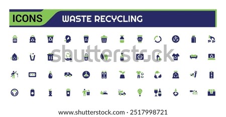 Set of recycling waste colorful solid icons. Garbage disposal. Trash separation, color filled icon set, Glyph icon set for web and ui. Editable stroke.