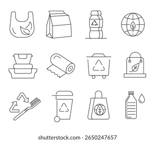 Set of recycling waste line icons. Garbage disposal. Trash separation, waste sorting with further recycling. Editable stroke