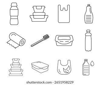Conjunto de ícones da linha de resíduos de reciclagem. Eliminação de lixo. Separação do lixo e dos resíduos para posterior reciclagem. Traçado editável