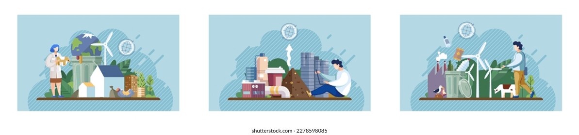 Conjunto de reciclado, gestión de residuos y eliminación de residuos relacionados. Tierra de globo con basura, problemas ecológicos y Día Mundial del Medio Ambiente. Día de la Tierra. Tipos de desechos orgánicos, plásticos, metales, papel, vidrio, desechos electrónicos