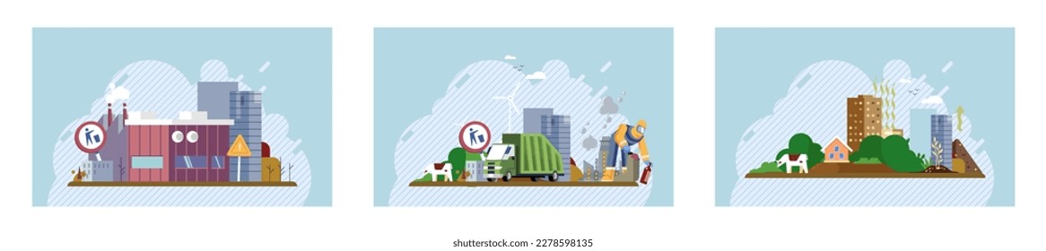 Set of recycling, waste management and zero waste related. Globe earth with trash, ecology problem and World Environment Day. Earth day. Types of waste organic, plastic, metal, paper, glass, e-waste