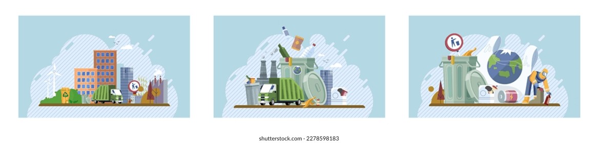 Set of recycling, waste management and zero waste related. Globe earth with trash, ecology problem and World Environment Day. Earth day. Types of waste organic, plastic, metal, paper, glass, e-waste