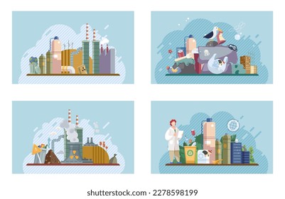 Set of recycling, waste management and zero waste related. Globe earth with trash, ecology problem and World Environment Day. Earth day. Types of waste organic, plastic, metal, paper, glass, e-waste