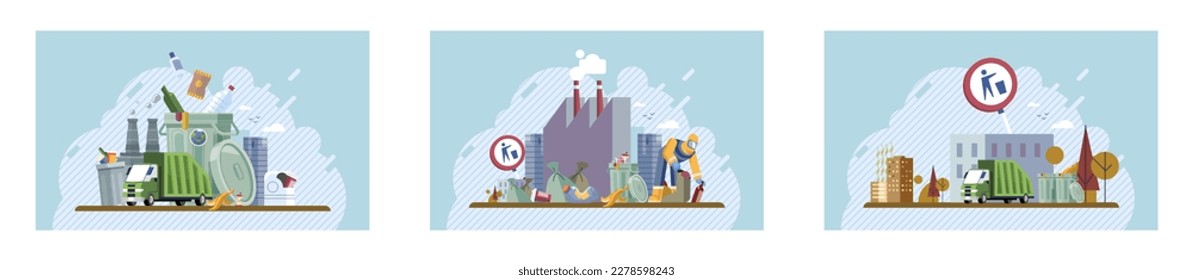 Set of recycling, waste management and zero waste related. Globe earth with trash, ecology problem and World Environment Day. Earth day. Types of waste organic, plastic, metal, paper, glass, e-waste