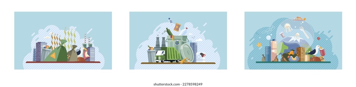 Set of recycling, waste management and zero waste related. Globe earth with trash, ecology problem and World Environment Day. Earth day. Types of waste organic, plastic, metal, paper, glass, e-waste