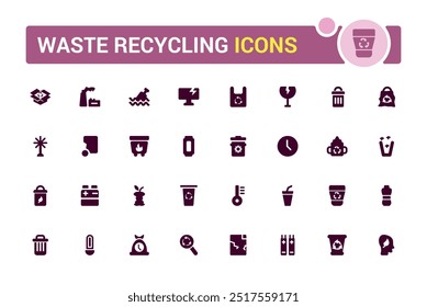 Set of recycling waste solid icons. Garbage disposal. Trash separation, filled icon set, Glyph icon set for web and ui. Editable stroke. Vector illustration.