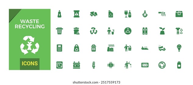 Set of recycling waste solid icons. Garbage disposal. Trash separation, filled icon set, Glyph icon set for web and ui. Editable stroke. Vector illustration.