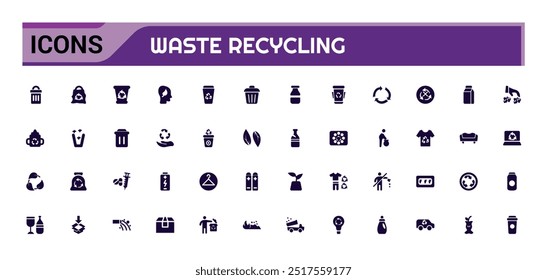 Set of recycling waste solid icons. Garbage disposal. Trash separation, filled icon set, Glyph icon set for web and ui. Editable stroke. Vector illustration.