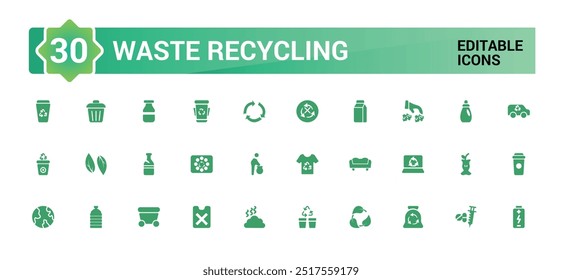 Set of recycling waste solid icons. Garbage disposal. Trash separation, filled icon set, Glyph icon set for web and ui. Editable stroke. Vector illustration.