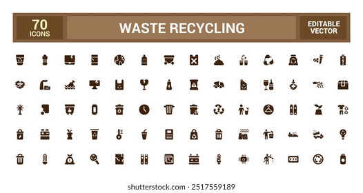 Set of recycling waste solid icons. Garbage disposal. Trash separation, filled icon set, Glyph icon set for web and ui. Editable stroke. Vector illustration.