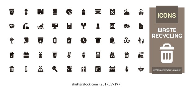 Set of recycling waste solid icons. Garbage disposal. Trash separation, filled icon set, Glyph icon set for web and ui. Editable stroke. Vector illustration.