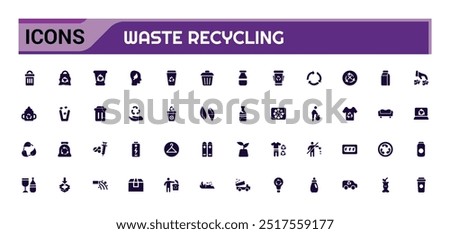 Set of recycling waste solid icons. Garbage disposal. Trash separation, filled icon set, Glyph icon set for web and ui. Editable stroke. Vector illustration.