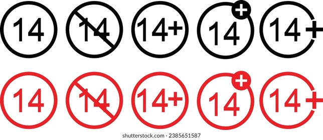 Set of red 14+(plus) vector icons on white background