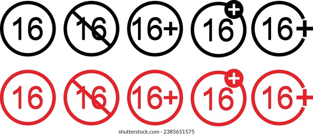 Set of red 16+(plus) vector icons on white background