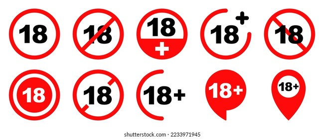 Set of red 18 plus vector icons on white background. Under eighteen plus labels. Forbidden signs.