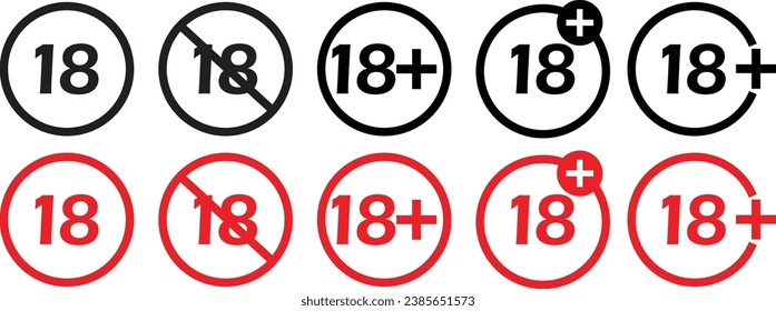 Set of red 18+(plus) vector icons on white background