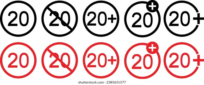 Set of red 20+ (plus) vector icons on white background