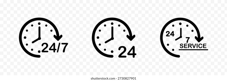 Conjunto de iconos rojos de servicio las 24 horas con relojes y flechas circulares para la Asistencia al cliente y entrega sin parar. Tiempo veinticuatro icono icono plano simple icono. Versión Liner Vector de stock. colección 24 Horas.