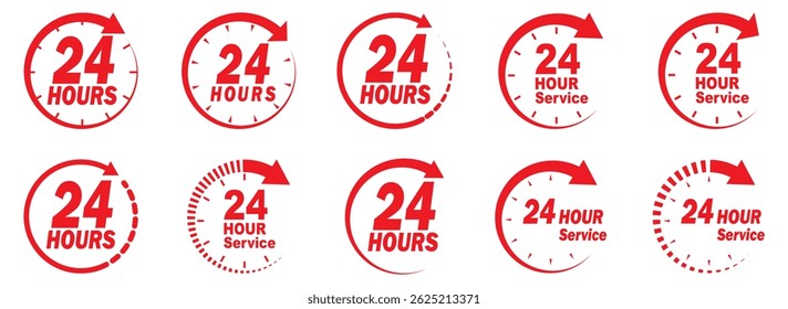Set der Ikonensammlung für die rote 24h-Dienstdauer. Support 24 Stunden, Support-Service-Symbol. 24 Stunden rotes Symbol, Vektorgrafik-Set. Rotes Service-Symbol rund um die Uhr. 24 Stunden Auftragsausführung oder Lieferservice-Symbol. 