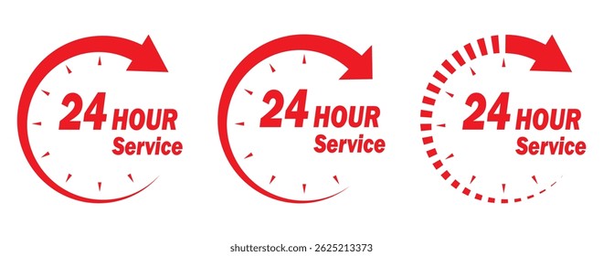 Conjunto de colección roja del icono de la duración del servicio 24h. Asistencia 24 horas, símbolo de servicio de Asistencia. Conjunto de Vector de icono rojo de 24 horas. Icono rojo de servicio las 24 horas. 24 horas de ejecución de la orden o el icono de servicio de entrega. 