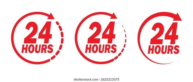 Conjunto de coleção de ícones vermelhos de duração do serviço 24h. Suporte 24 horas, símbolo de serviço de suporte. 24 horas ícone vermelho vetor conjunto. Ícone vermelho de serviço 24 horas. Ícone de serviço de execução de ordem ou entrega em 24 horas. 
