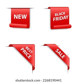Conjunto de banderas rojas 3d, cintas, etiquetas web, esquinas aisladas en fondo blanco. Plantillas para descuentos, ventas, promoción, viernes negro. Ilustración vectorial.