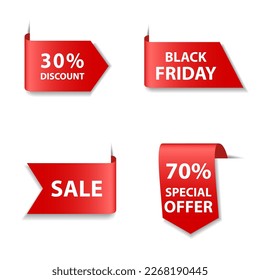Set of red 3d banners, ribbons, web tags isolated on white background. Templates for discounts, sales, promotion, black friday. Vector illustration.