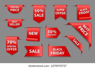 Set of red 3d banners, ribbons, web tags isolated on gray background. Templates for discounts, sales, promotion, black friday. Vector illustration.