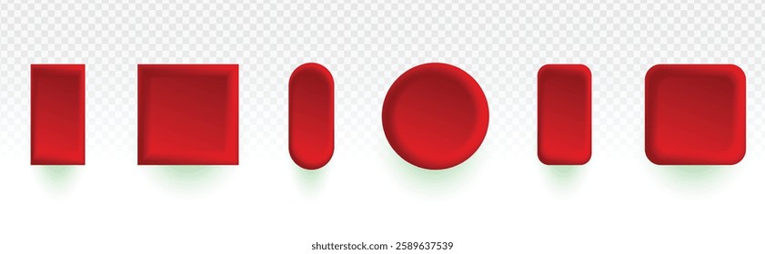 Set of red 3D button-like shapes in various geometric forms, including rectangles, squares, circles, and rounded rectangles. Soft shading and drop shadows create a realistic, raised appearance