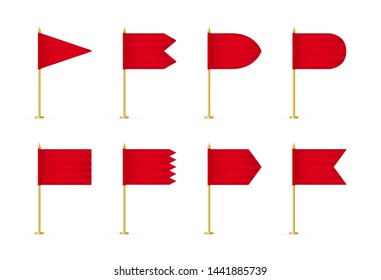 Set of red 3d flag mockup. Blank realistic advertising textile flags template.