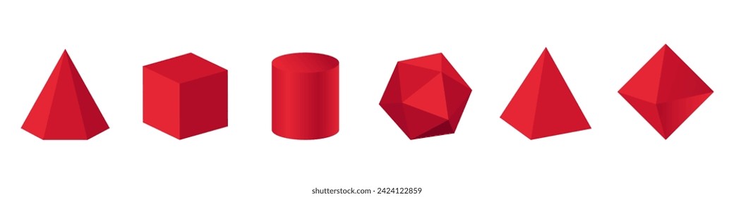 Set of red 3d geometric shapes on a white background. Red basic geometric 3d shapes in top and front view isolated on white