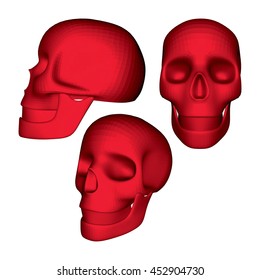Set of Red 3D Geometric Skulls on White. Low Poly Realistic Vector Illustration. Collection of Skulls in Different Views.