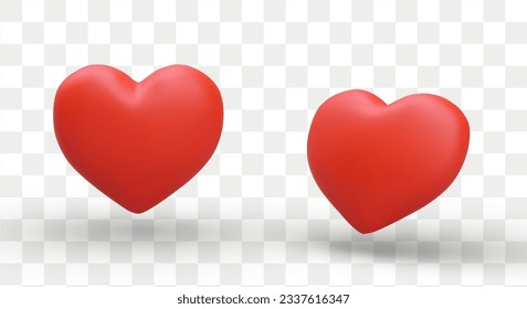 Set of red 3D hearts in cartoon style. Symbol of romance, love, sympathy. Vector colored like icon for social networks. Valentine Day. Element for web design