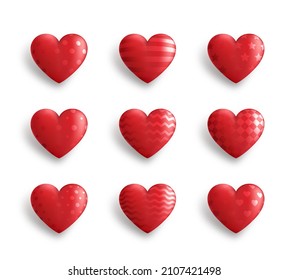 Set of red 3D hearts with different patterns isolated on white background. Decorations for valentine's day. Vector Illustration