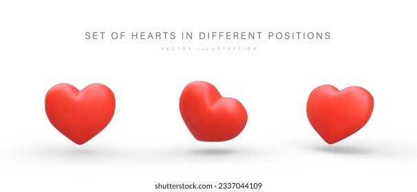 Set of red 3D hearts in different positions. Cute color isolated vector image. Romantic theme. Symbol of love, sympathy. Elements for modern web design