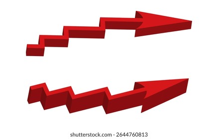 Conjunto de rojo 3d Grande signo de flecha aislado en el fondo blanco. Gráfico de la barra de inflación. Levanta el Precio. Finanzas y Economía. Mercado. Concepto de crisis económica mundial. Recesión. Infografía. Icono. Gráfico comercial