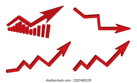 Set of red 3d large down arrow sign isolated on white background. Inflation Bar chart. Graph. Rise price. Finance and Economy. Market. Global economic crisis concept. Recession. Infographics. Icon.