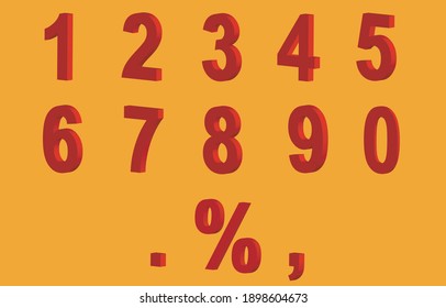 Set of red 3d numbers. 0, 1, 2, 3, 4, 5, 6, 7, 8, 9. Number signs, percent sign. Vector design elements set. 