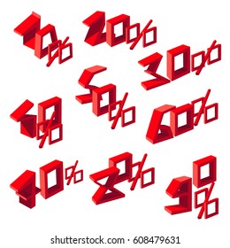 Set red 3D numbers with interest. Isometric size of discounts.
