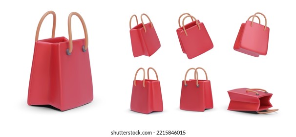 Set of red 3d realistic shopping bag with shadow isolated on white background. Vector illustration